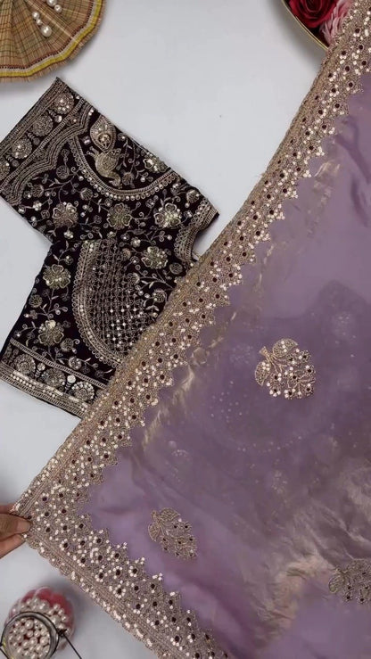 Opulent Sequin-Embroidered Saree with Heavily Embellished Blouse – Available in Sky Blue & Maroon