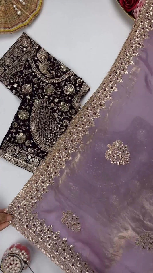 Opulent Sequin-Embroidered Saree with Heavily Embellished Blouse – Available in Sky Blue & Maroon