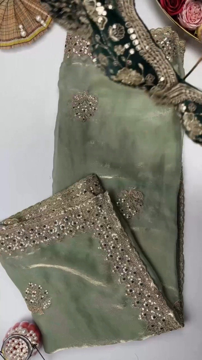Opulent Sequin-Embroidered Saree with Heavily Embellished Blouse – Available in Sky Blue & Maroon