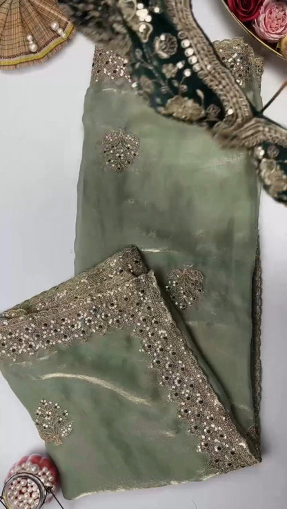 Opulent Sequin-Embroidered Saree with Heavily Embellished Blouse – Available in Sky Blue & Maroon