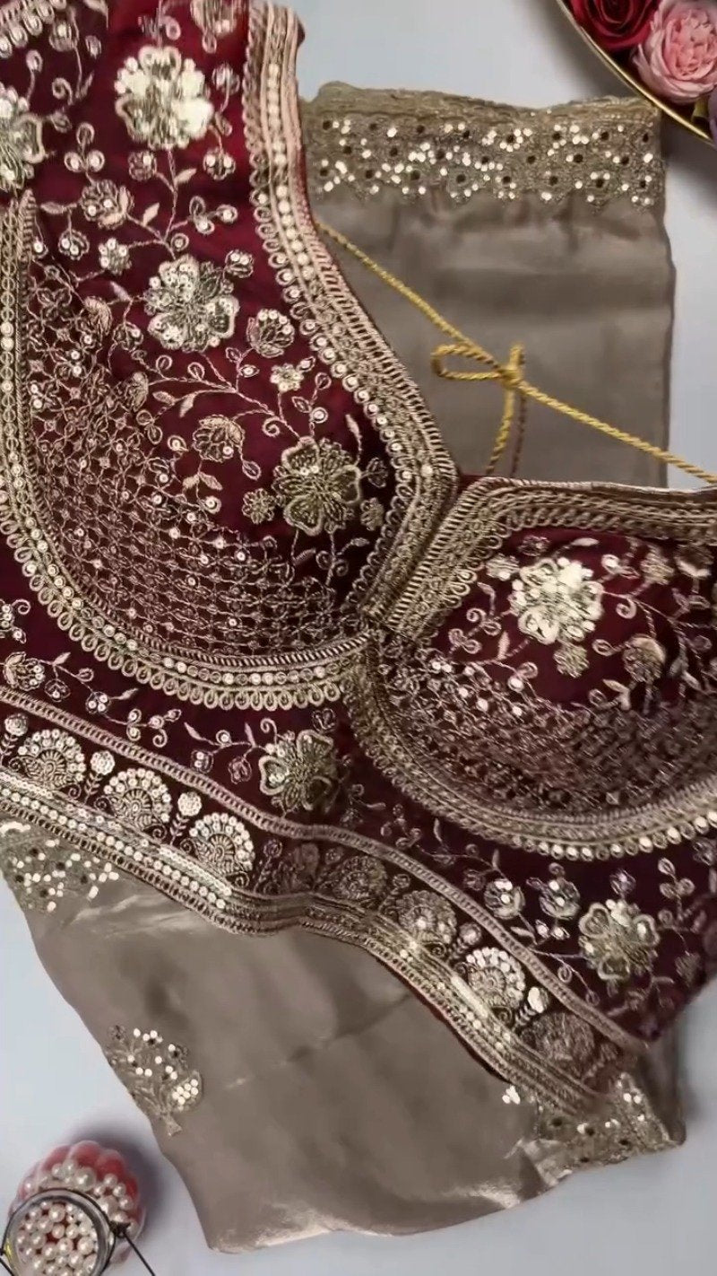 Opulent Sequin-Embroidered Saree with Heavily Embellished Blouse – Available in Sky Blue & Maroon