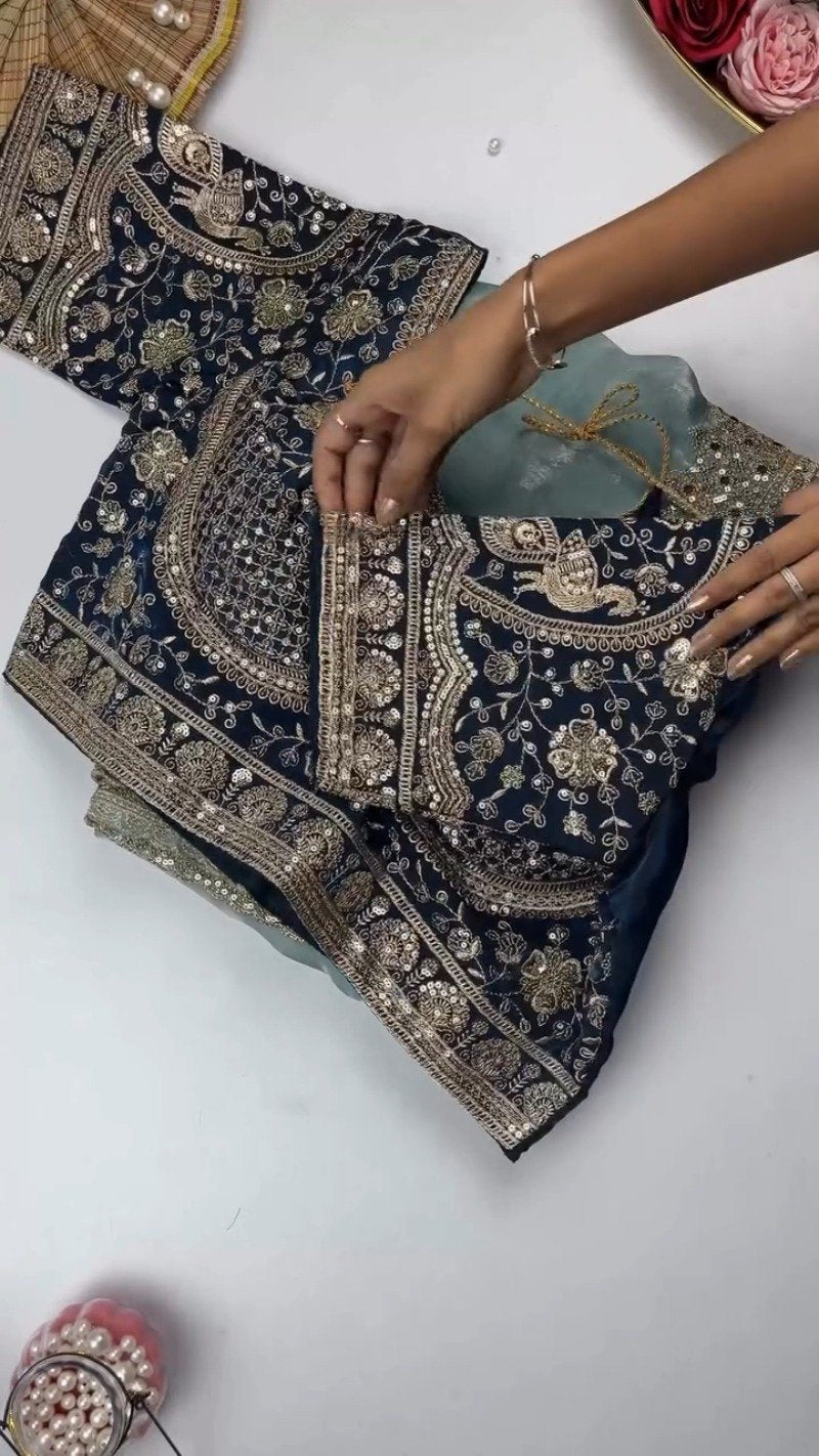 Opulent Sequin-Embroidered Saree with Heavily Embellished Blouse – Available in Sky Blue & Maroon