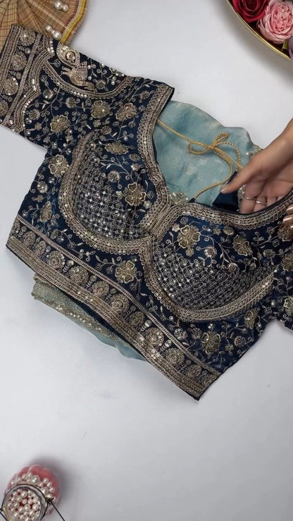 Opulent Sequin-Embroidered Saree with Heavily Embellished Blouse – Available in Sky Blue & Maroon