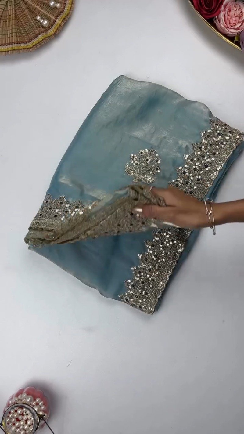 Opulent Sequin-Embroidered Saree with Heavily Embellished Blouse – Available in Sky Blue & Maroon