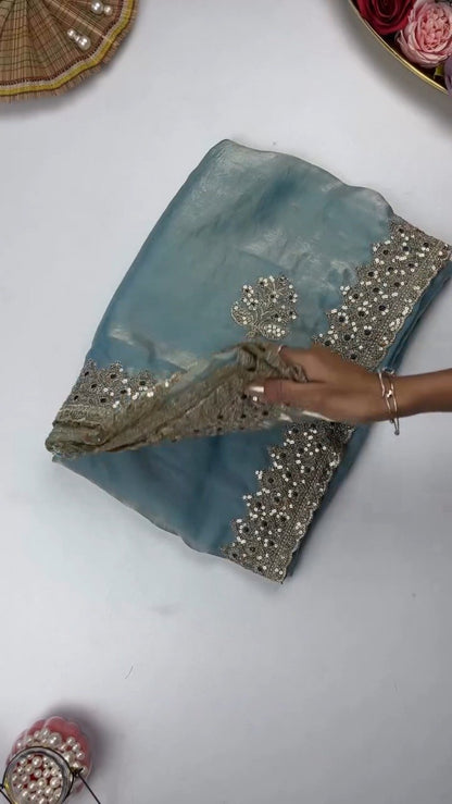 Opulent Sequin-Embroidered Saree with Heavily Embellished Blouse – Available in Sky Blue & Maroon