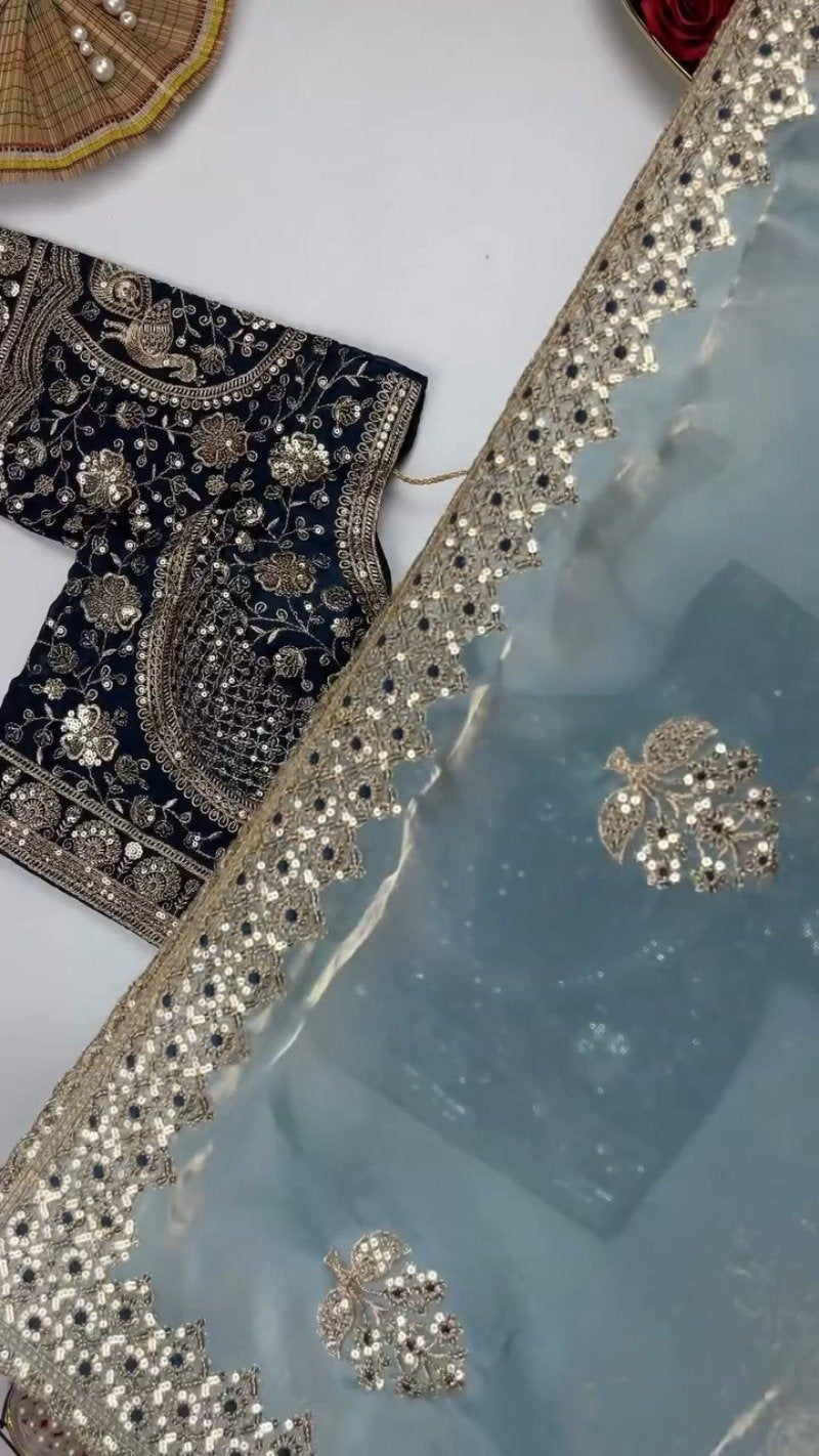 Opulent Sequin-Embroidered Saree with Heavily Embellished Blouse – Available in Sky Blue & Maroon