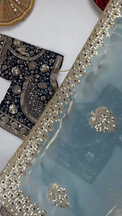 Opulent Sequin-Embroidered Saree with Heavily Embellished Blouse – Available in Sky Blue & Maroon