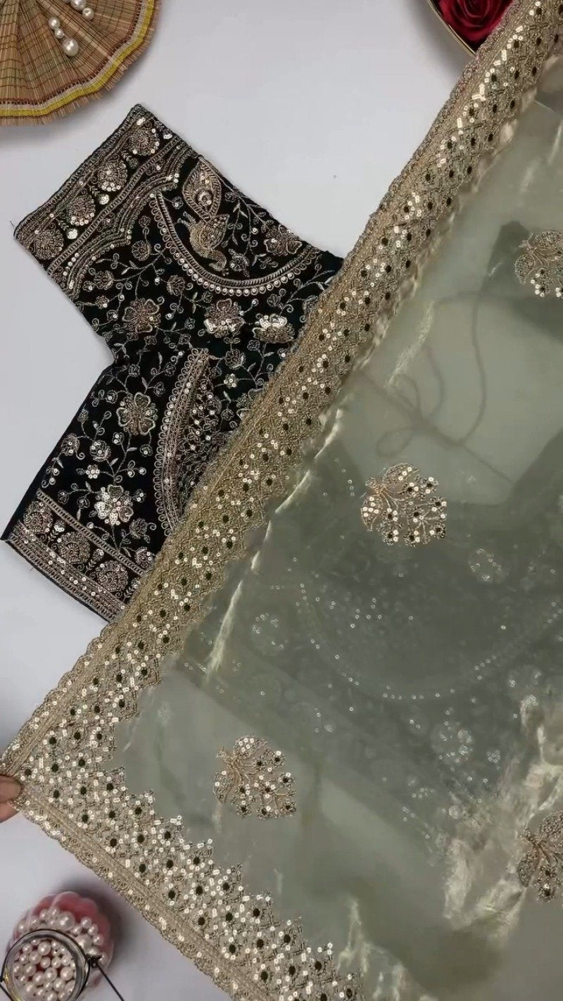 Opulent Sequin-Embroidered Saree with Heavily Embellished Blouse – Available in Sky Blue & Maroon