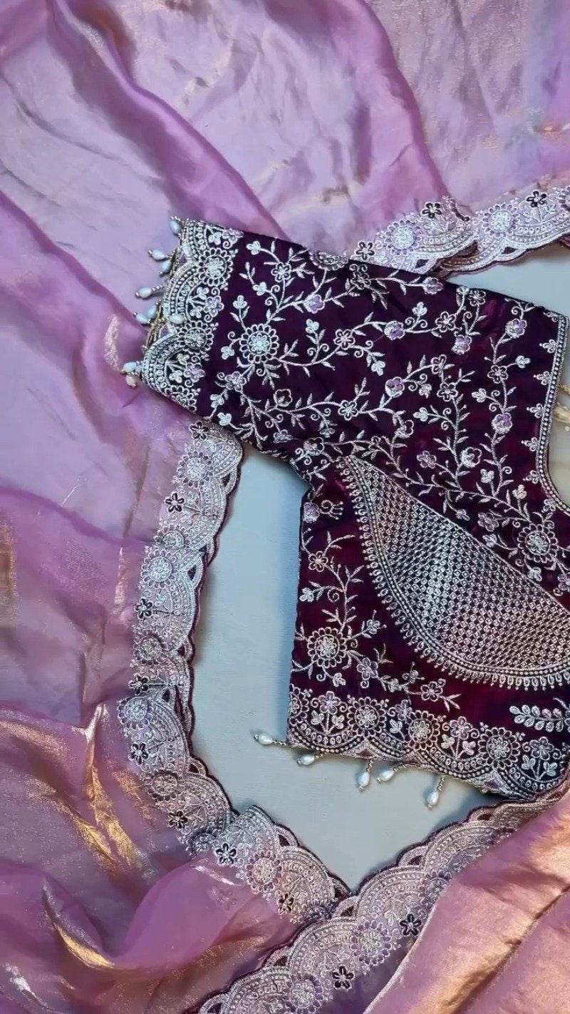 Elegant Deep Plum Velvet & Shimmer Organza Saree Set – A Statement of Regal Sophistication