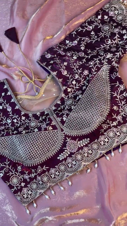 Elegant Deep Plum Velvet & Shimmer Organza Saree Set – A Statement of Regal Sophistication