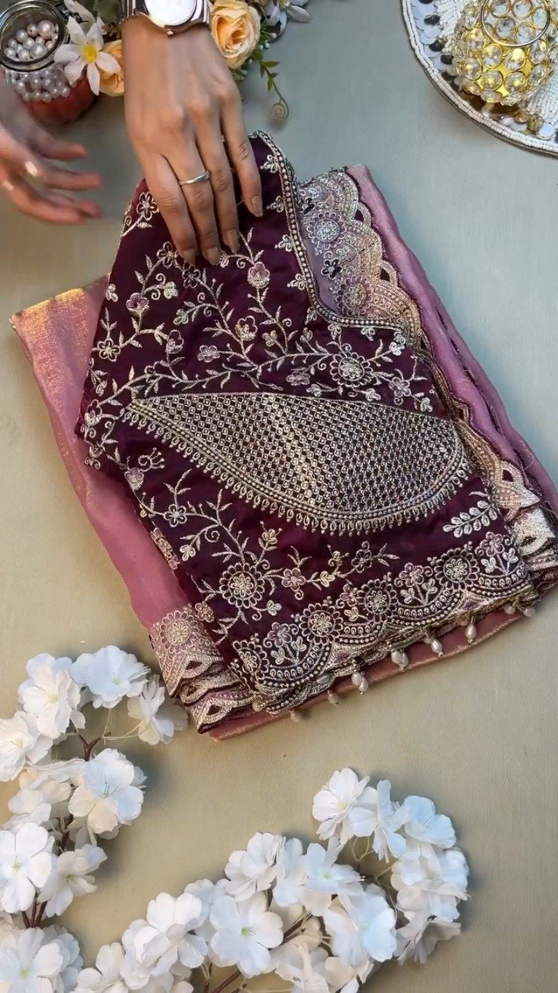 Elegant Deep Plum Velvet & Shimmer Organza Saree Set – A Statement of Regal Sophistication