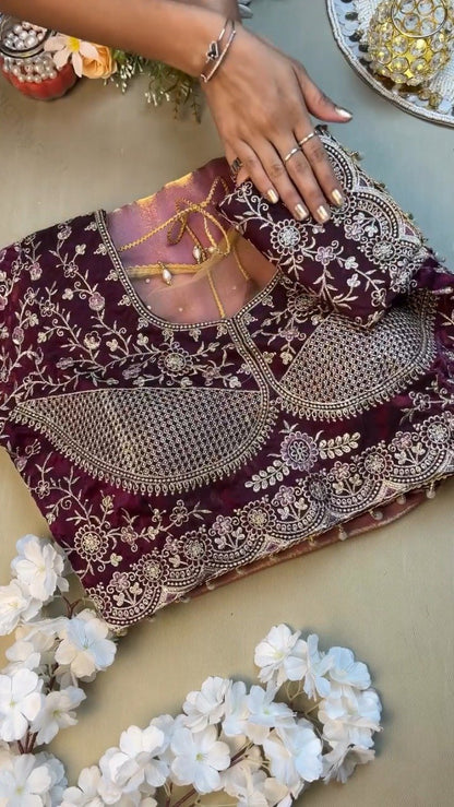 Elegant Deep Plum Velvet & Shimmer Organza Saree Set – A Statement of Regal Sophistication