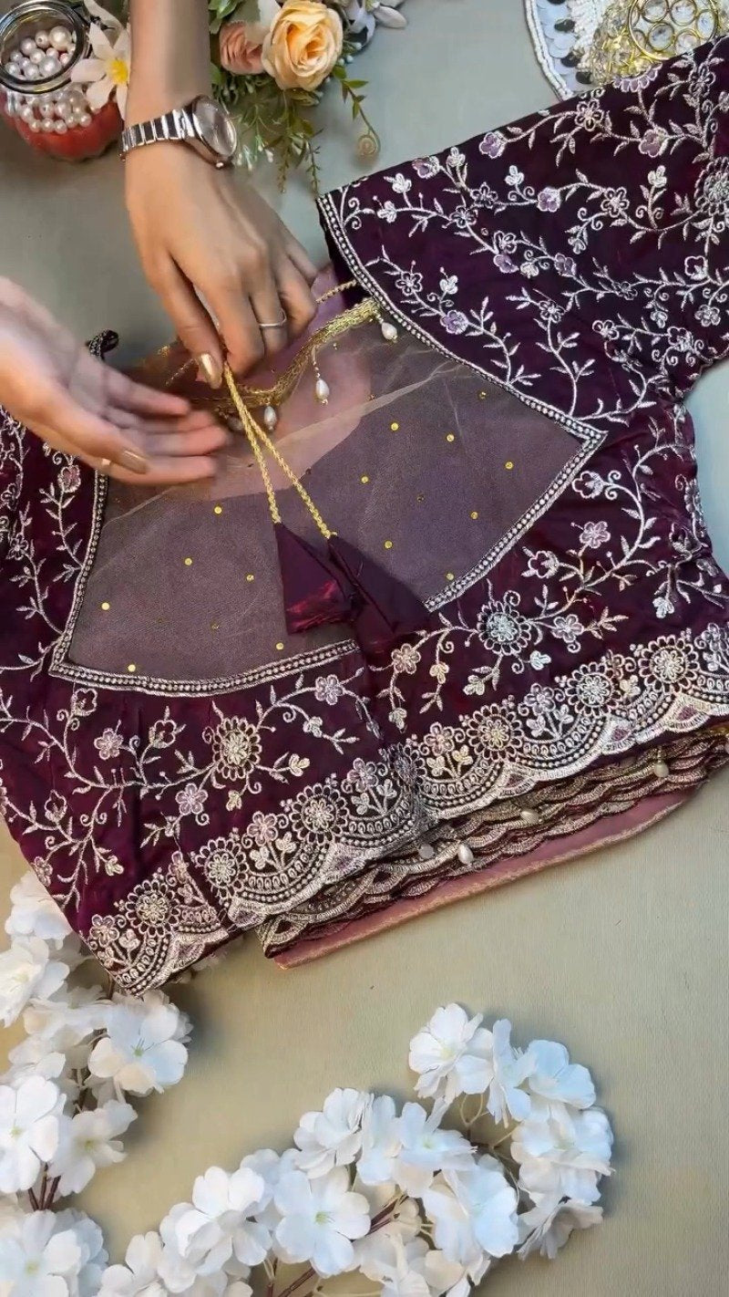 Elegant Deep Plum Velvet & Shimmer Organza Saree Set – A Statement of Regal Sophistication
