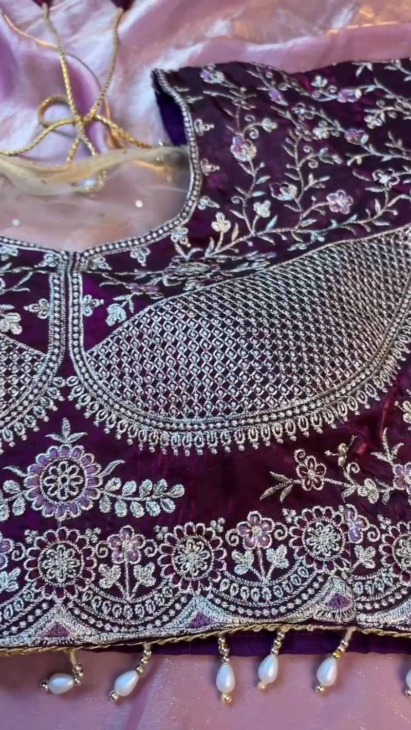 Elegant Deep Plum Velvet & Shimmer Organza Saree Set – A Statement of Regal Sophistication