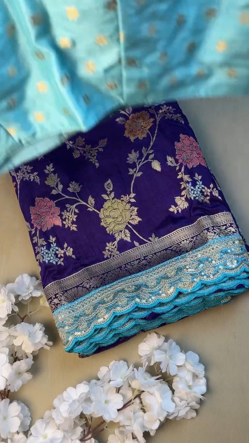 Royal Purple & Sky Blue Scalloped Border Banarasi Silk Saree Set – Available in Royal Purple & Sky Blue