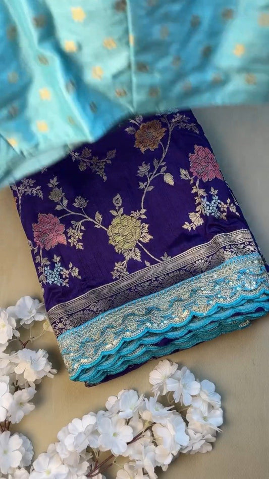 Royal Purple & Sky Blue Scalloped Border Banarasi Silk Saree Set – Available in Royal Purple & Sky Blue