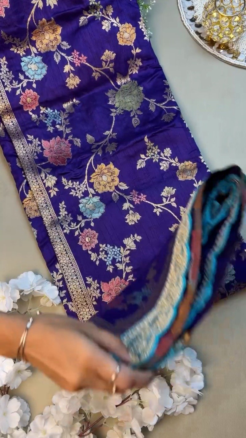 Royal Purple & Sky Blue Scalloped Border Banarasi Silk Saree Set – Available in Royal Purple & Sky Blue