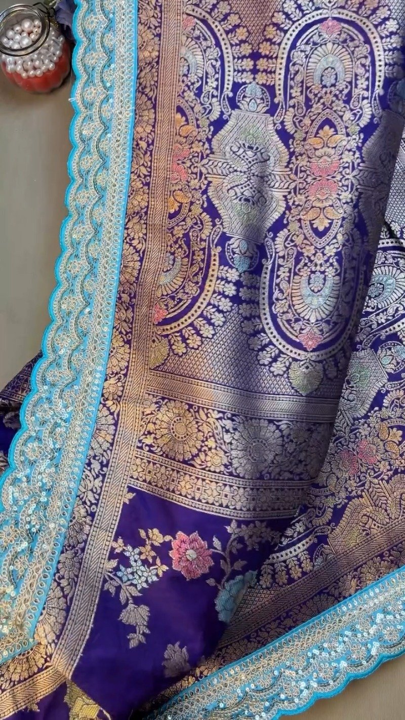 Royal Purple & Sky Blue Scalloped Border Banarasi Silk Saree Set – Available in Royal Purple & Sky Blue