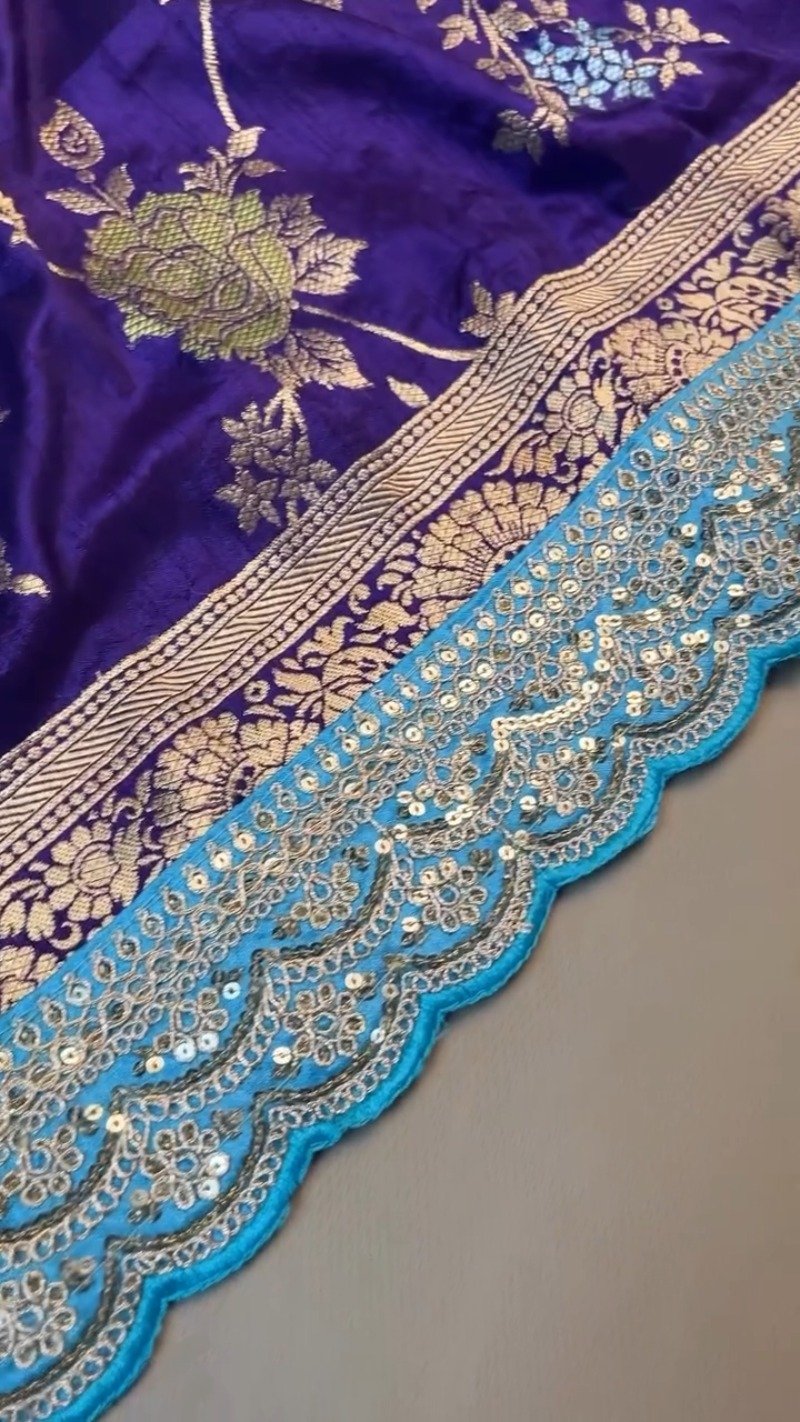 Royal Purple & Sky Blue Scalloped Border Banarasi Silk Saree Set – Available in Royal Purple & Sky Blue