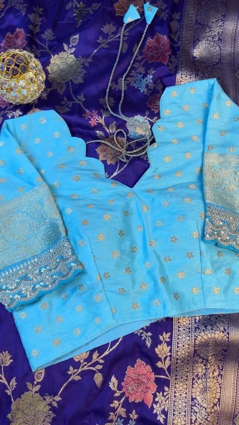 Royal Purple & Sky Blue Scalloped Border Banarasi Silk Saree Set – Available in Royal Purple & Sky Blue