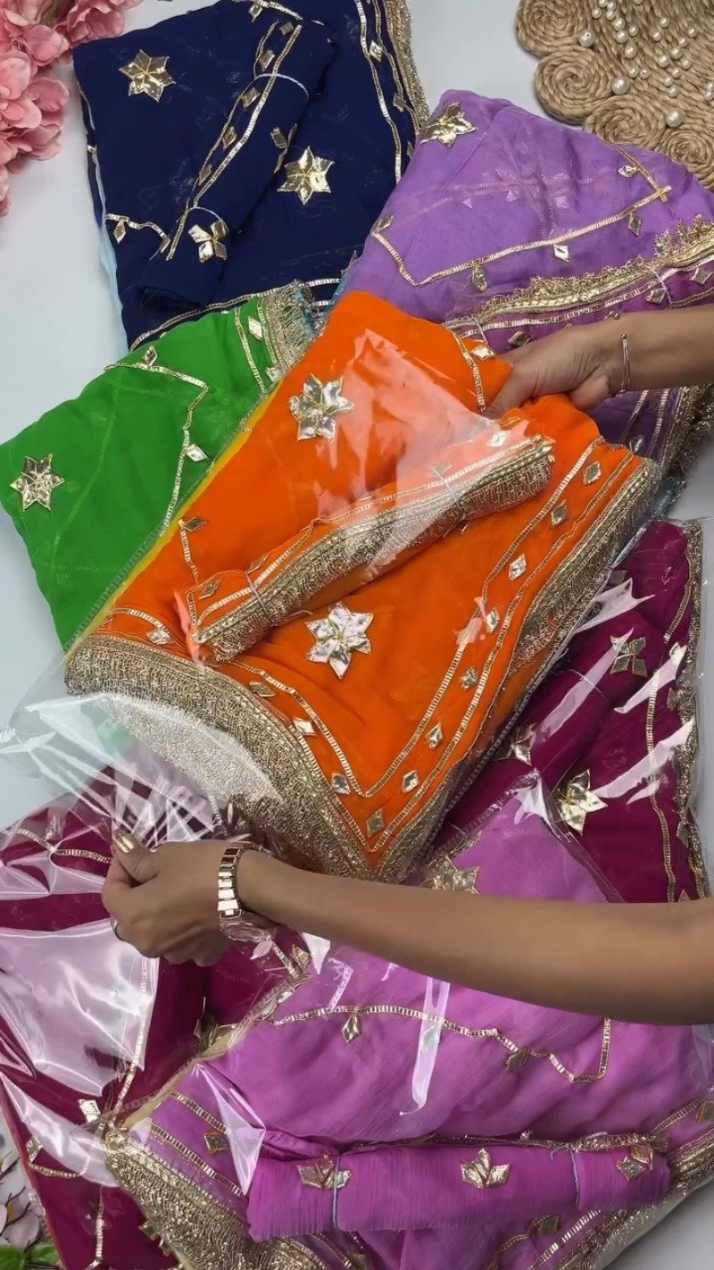 Star-Studded Gota Patti Border Saree – Available in Green, Fuchsia, Navy Blue & Orange