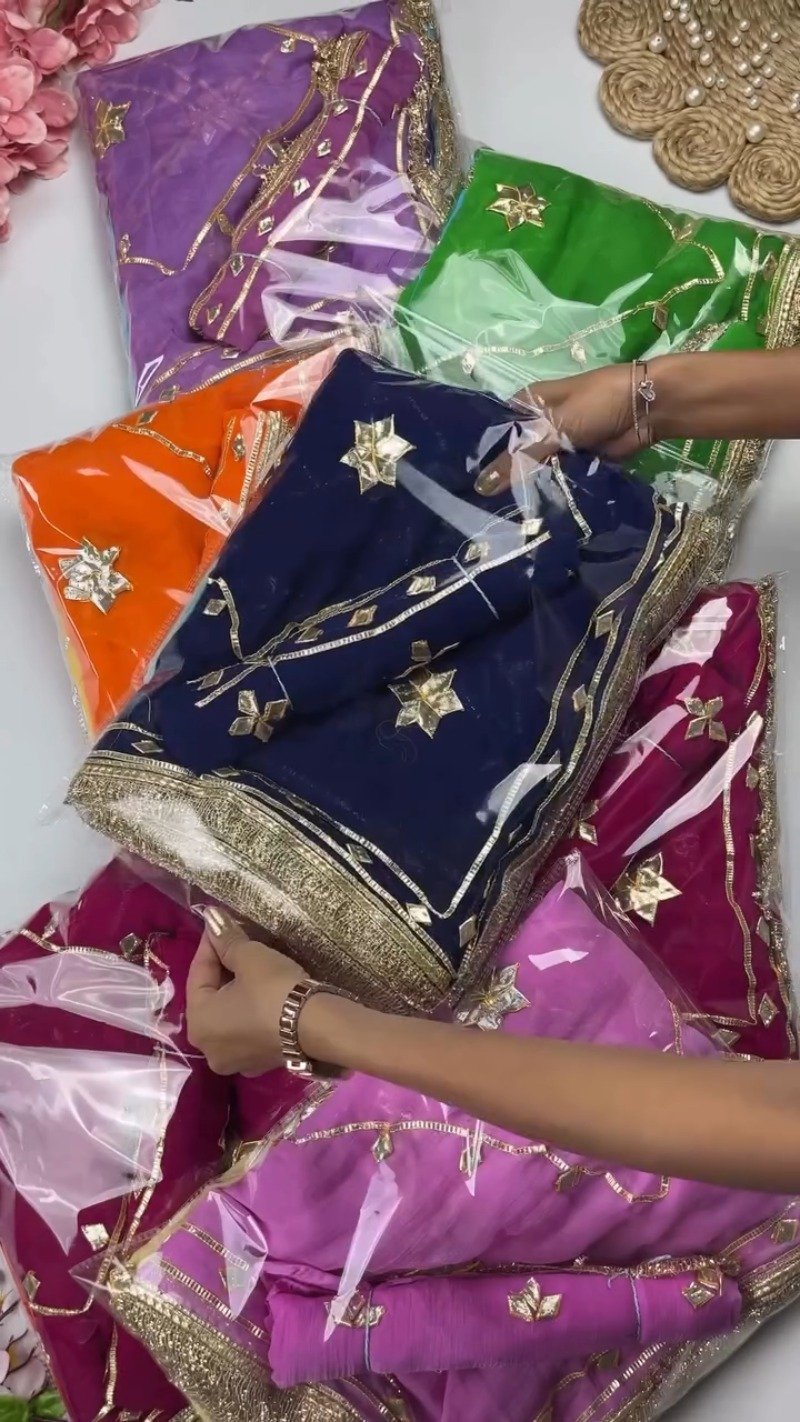 Star-Studded Gota Patti Border Saree – Available in Green, Fuchsia, Navy Blue & Orange
