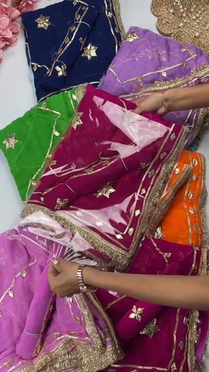 Star-Studded Gota Patti Border Saree – Available in Green, Fuchsia, Navy Blue & Orange
