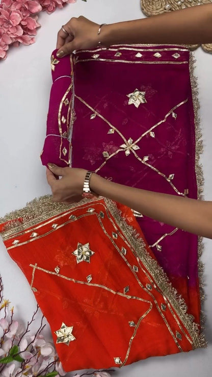 Star-Studded Gota Patti Border Saree – Available in Green, Fuchsia, Navy Blue & Orange