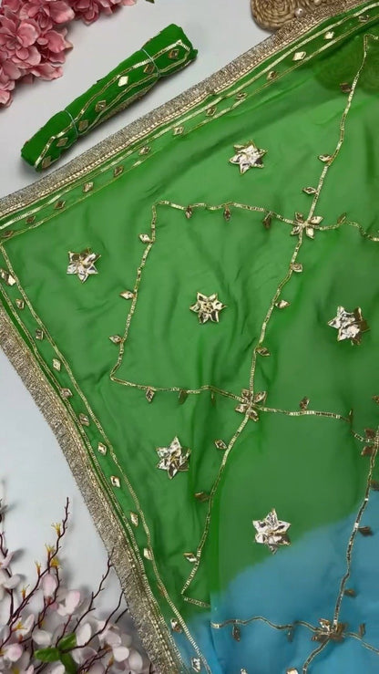 Star-Studded Gota Patti Border Saree – Available in Green, Fuchsia, Navy Blue & Orange