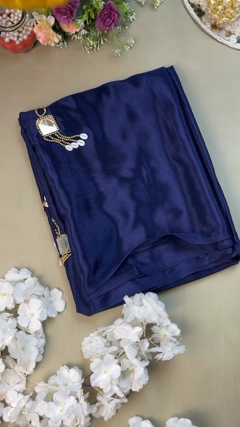 Midnight Blue Silk Saree with Vibrant Yellow Blouse – Handcrafted Mirror & Shell Embellishments