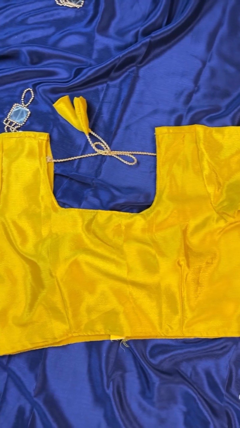 Midnight Blue Silk Saree with Vibrant Yellow Blouse – Handcrafted Mirror & Shell Embellishments