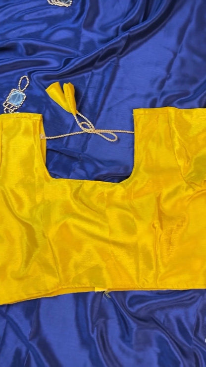 Midnight Blue Silk Saree with Vibrant Yellow Blouse – Handcrafted Mirror & Shell Embellishments