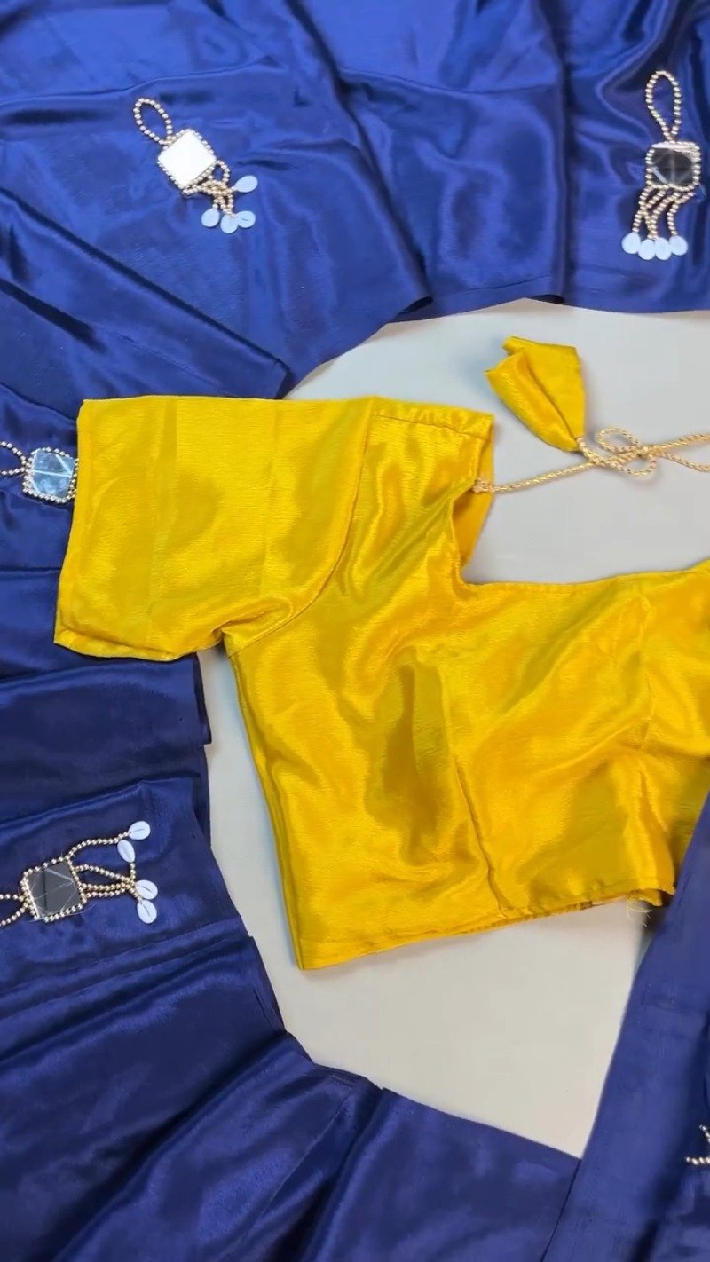 Midnight Blue Silk Saree with Vibrant Yellow Blouse – Handcrafted Mirror & Shell Embellishments