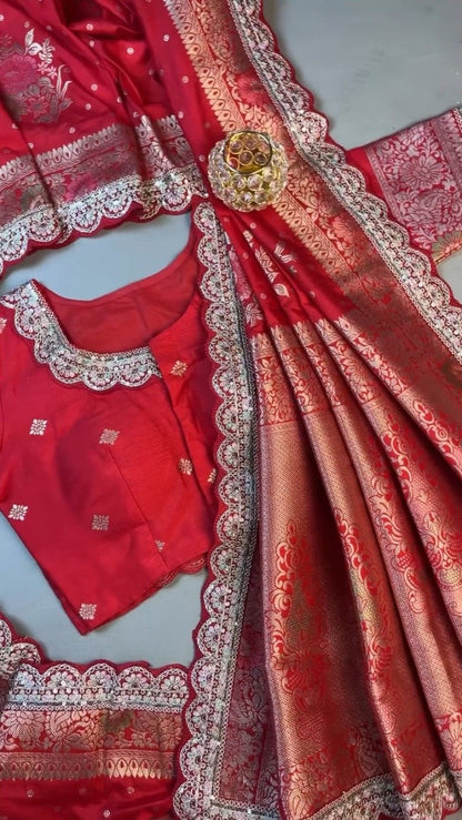 Radiant Crimson Banarasi Silk Saree with Scalloped Sequin Border – Exclusive Ethnic Ensemble