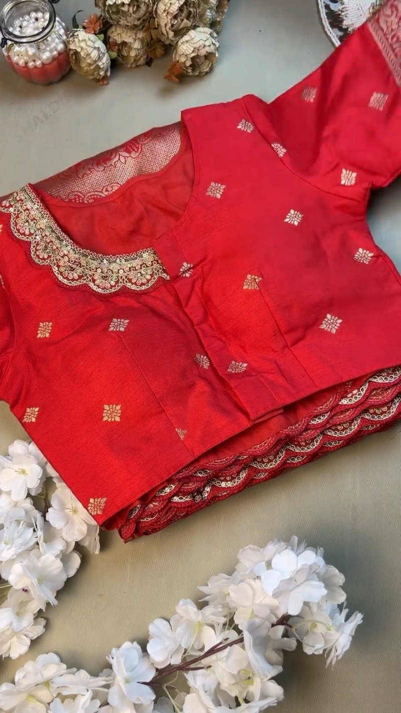 Radiant Crimson Banarasi Silk Saree with Scalloped Sequin Border – Exclusive Ethnic Ensemble
