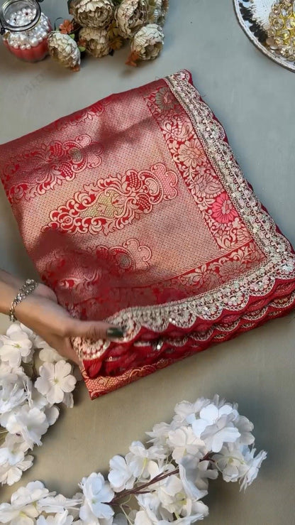 Radiant Crimson Banarasi Silk Saree with Scalloped Sequin Border – Exclusive Ethnic Ensemble