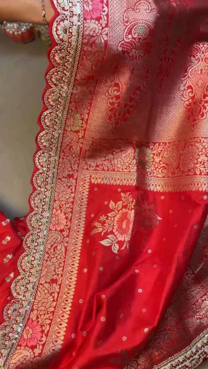 Radiant Crimson Banarasi Silk Saree with Scalloped Sequin Border – Exclusive Ethnic Ensemble