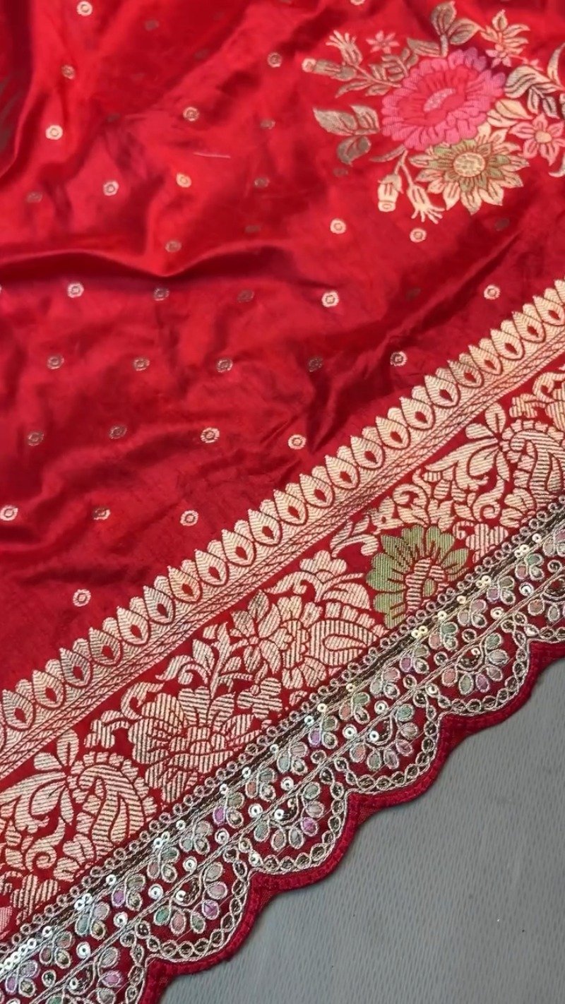 Radiant Crimson Banarasi Silk Saree with Scalloped Sequin Border – Exclusive Ethnic Ensemble