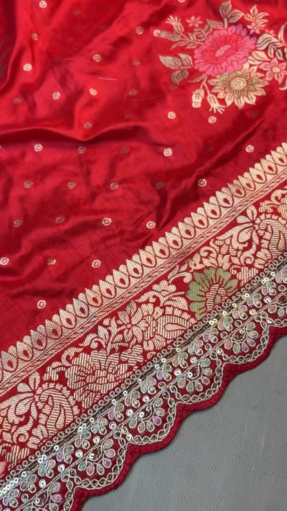Radiant Crimson Banarasi Silk Saree with Scalloped Sequin Border – Exclusive Ethnic Ensemble