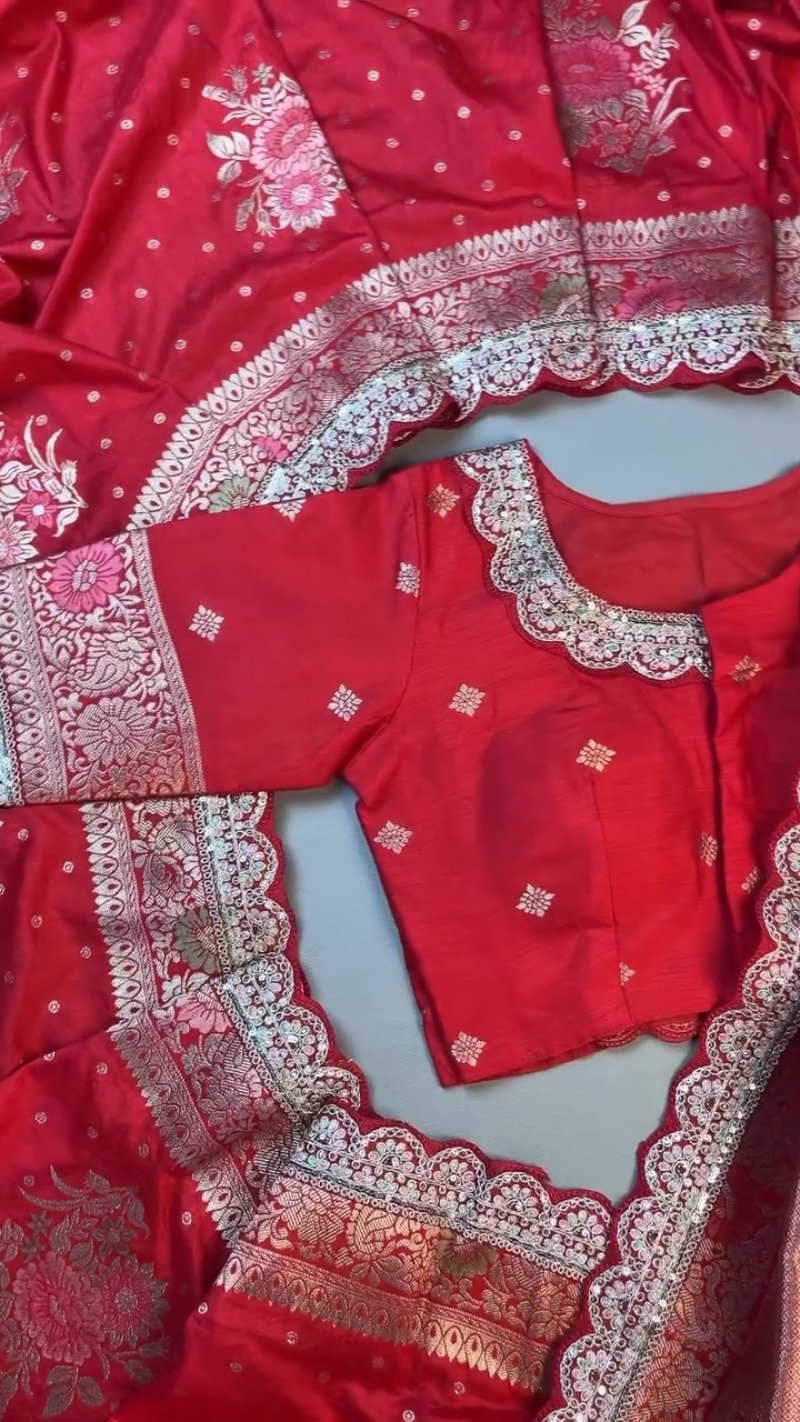 Radiant Crimson Banarasi Silk Saree with Scalloped Sequin Border – Exclusive Ethnic Ensemble