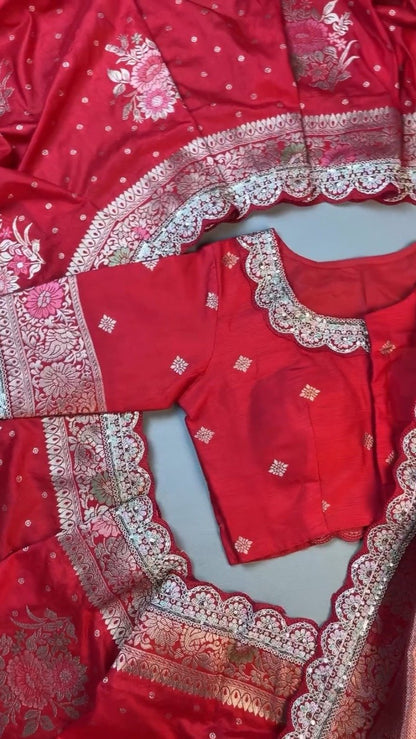 Radiant Crimson Banarasi Silk Saree with Scalloped Sequin Border – Exclusive Ethnic Ensemble