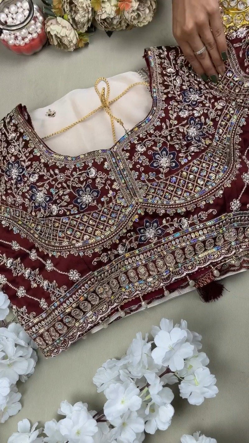 Midnight Maroon & Ivory Royal Embroidered Saree Set – Available in Maroon & Ivory