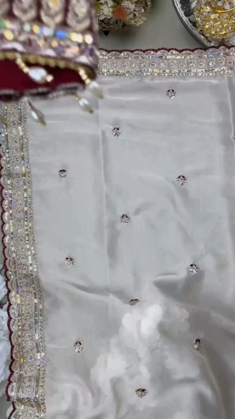 Midnight Maroon & Ivory Royal Embroidered Saree Set – Available in Maroon & Ivory