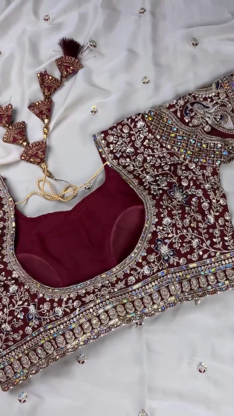 Midnight Maroon & Ivory Royal Embroidered Saree Set – Available in Maroon & Ivory
