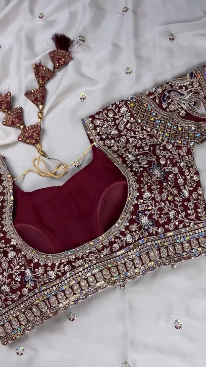 Midnight Maroon & Ivory Royal Embroidered Saree Set – Available in Maroon & Ivory