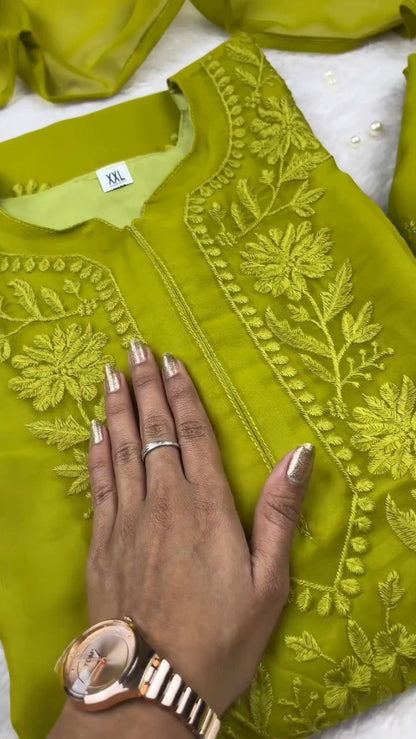 Olive Green Hand-Embroidered Chikankari Kurta Set