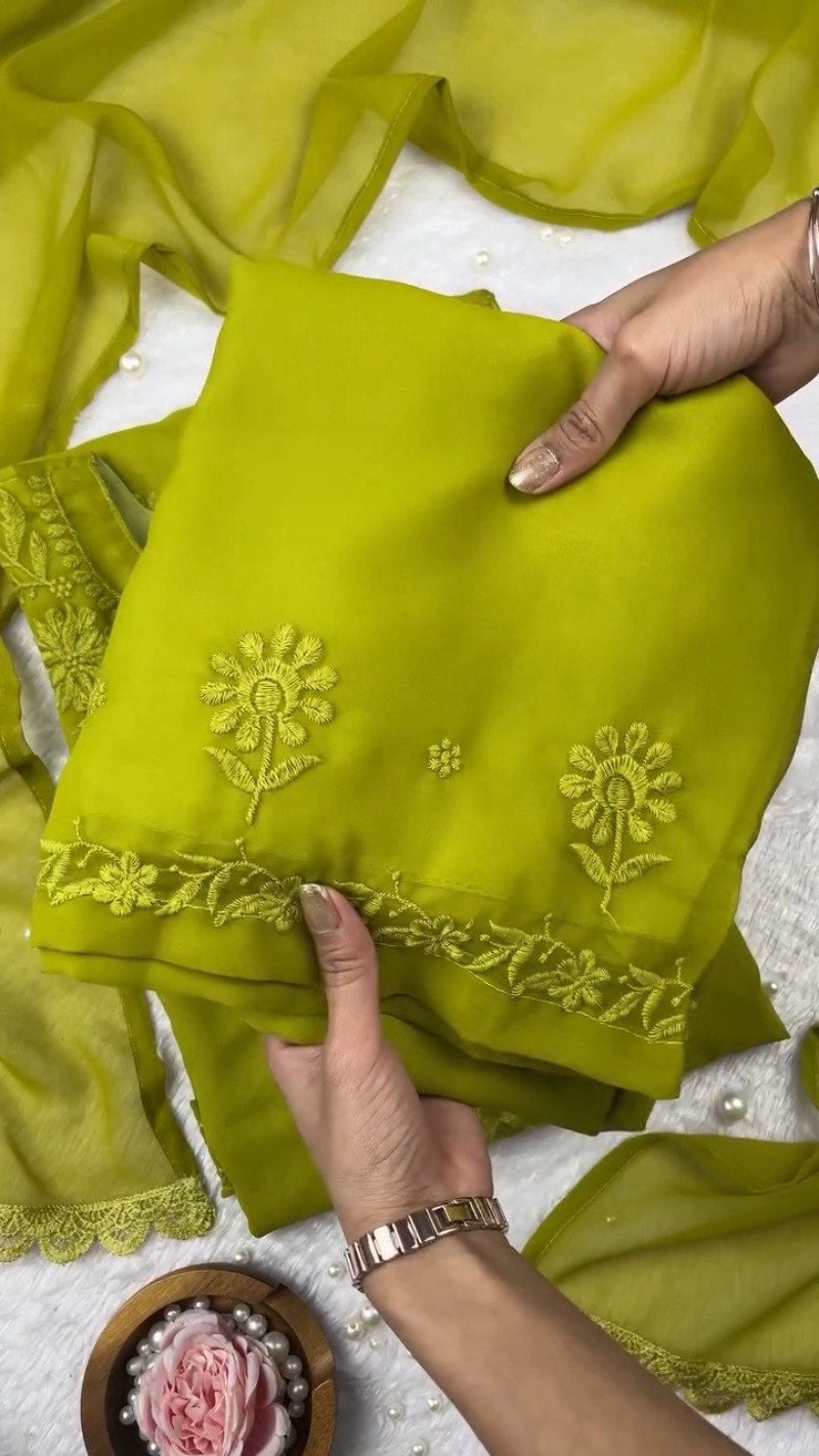 Olive Green Hand-Embroidered Chikankari Kurta Set