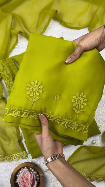 Olive Green Hand-Embroidered Chikankari Kurta Set