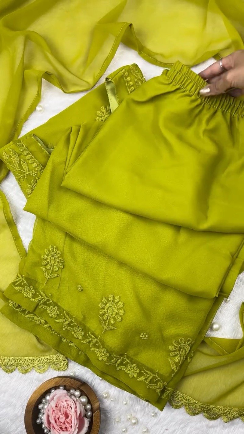 Olive Green Hand-Embroidered Chikankari Kurta Set