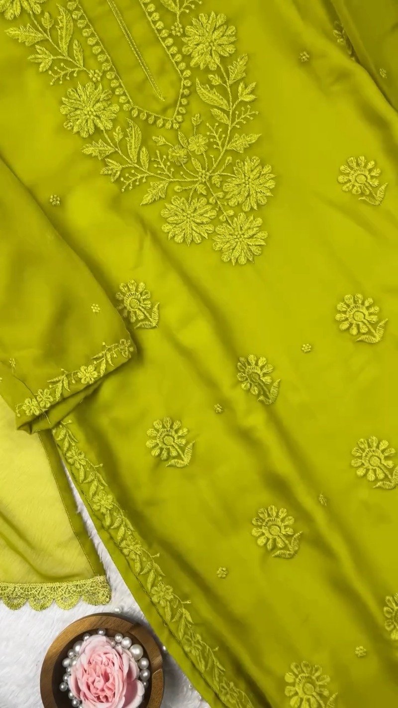 Olive Green Hand-Embroidered Chikankari Kurta Set